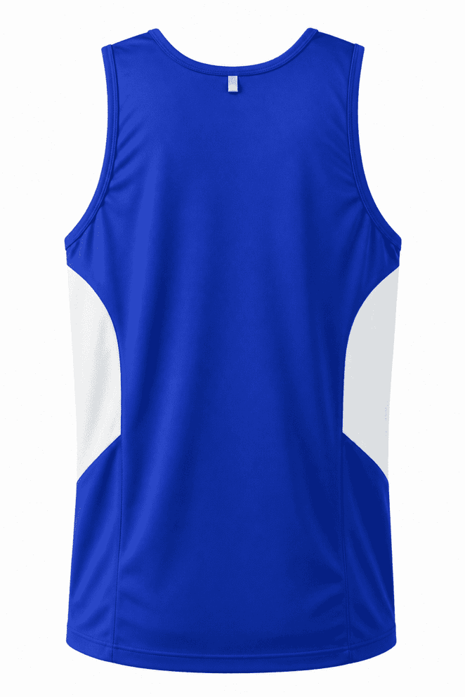 A blue men's singlet featuring white sides and a branding logo. Ideal for sports or casual wear.