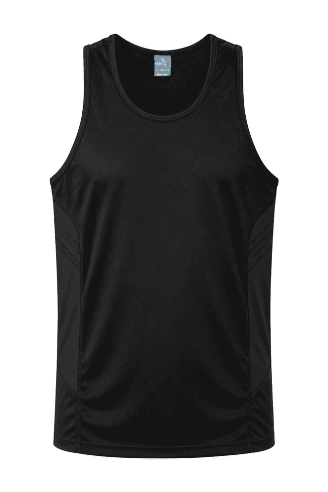 A black men's singlet featuring a sleek design and side panels, with a logo on the upper section.