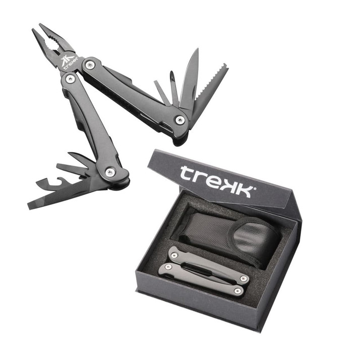 A black multi-tool with pliers, various blades, and tools, presented in a black box with a logo.