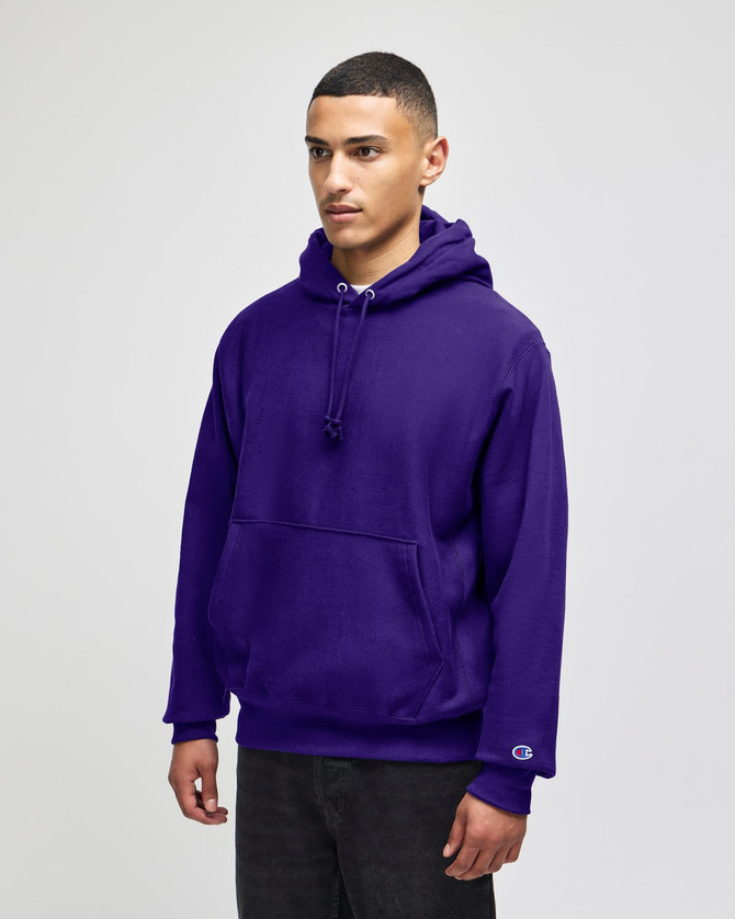 A purple Champion Reverse Weave® adult pullover hooded sweatshirt with a front pocket and logo.