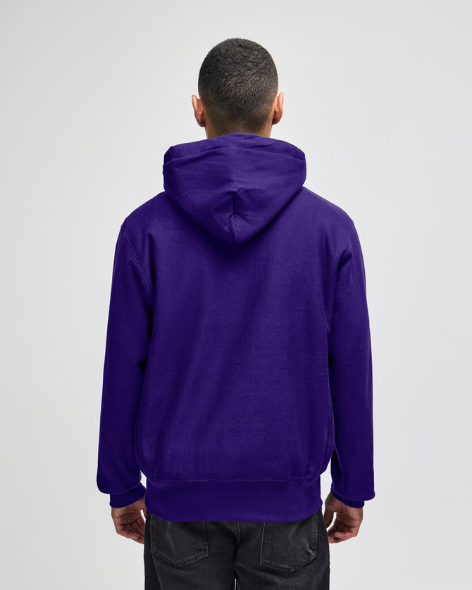 A purple hooded sweatshirt with a kangaroo pocket and a hood, featuring a logo on the back.
