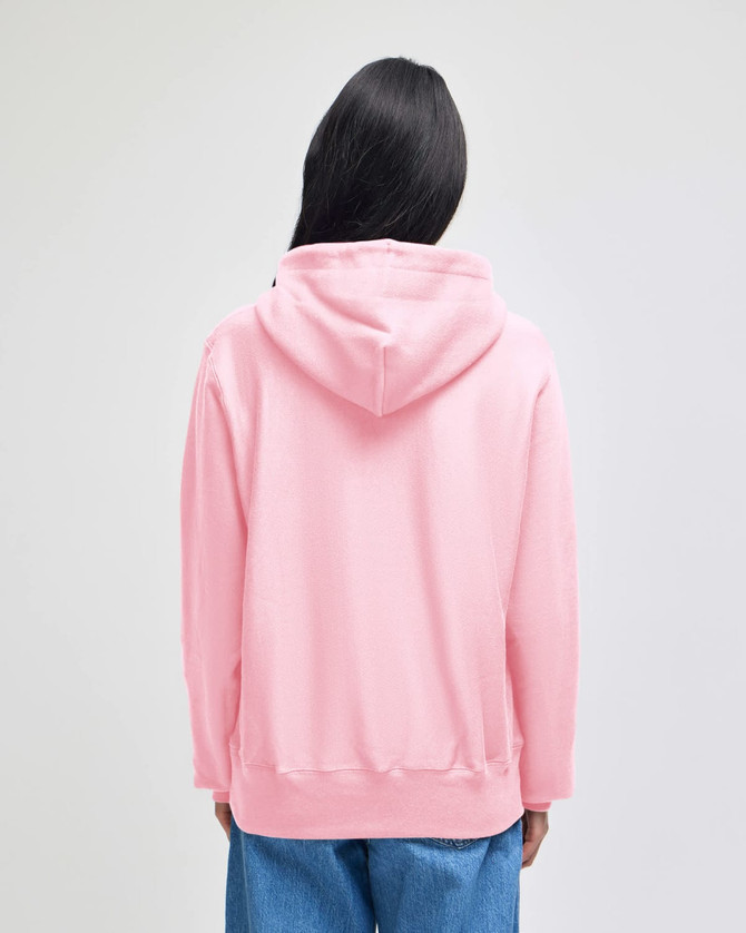 A pink pullover hooded sweatshirt with a hood, viewed from the back, featuring a logo.