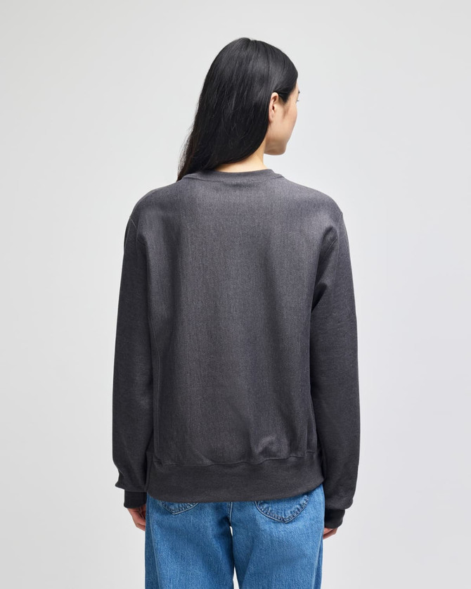 A dark grey adult crew sweatshirt with a relaxed fit, featuring a logo on the back.