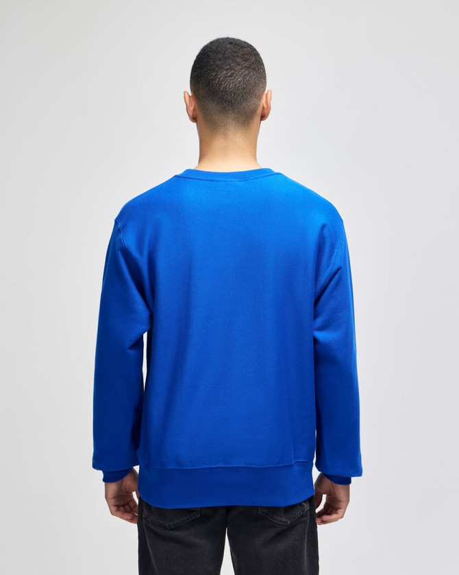 A blue Champion Reverse Weave® adult crew sweatshirt displayed from the back, featuring a simple design and long sleeves.