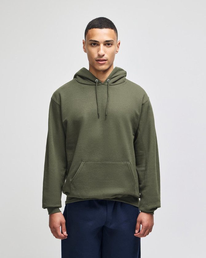 A green pullover hooded sweatshirt with a front pocket, worn by a model against a light background.