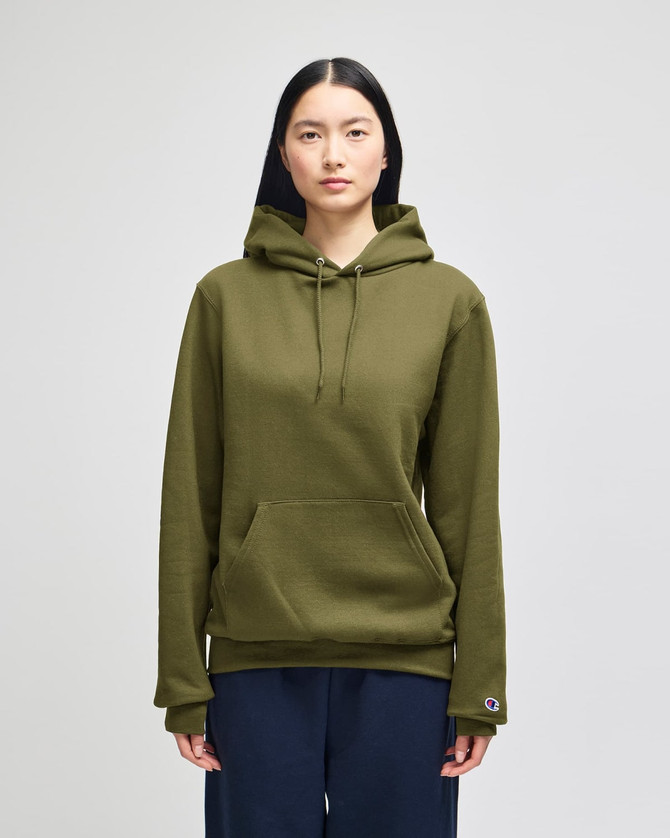 A green pullover hooded sweatshirt with a front pocket and a logo. Featuring a relaxed fit and drawstring hood.
