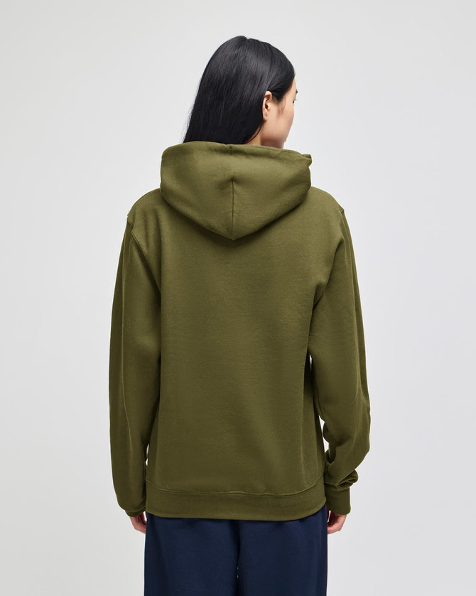 A green pullover hooded sweatshirt with a large hood, viewed from the back. Features a logo at the back.