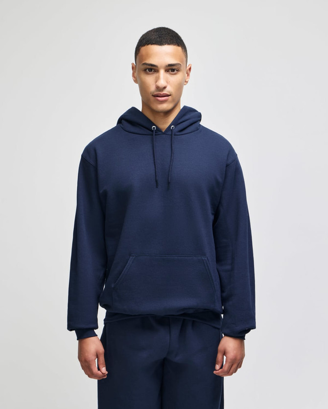 A navy blue adult pullover hooded sweatshirt with a front pocket and a drawstring hood.