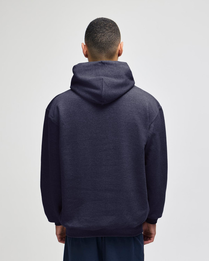 A back view of a navy blue pullover hooded sweatshirt with a hood and a logo.