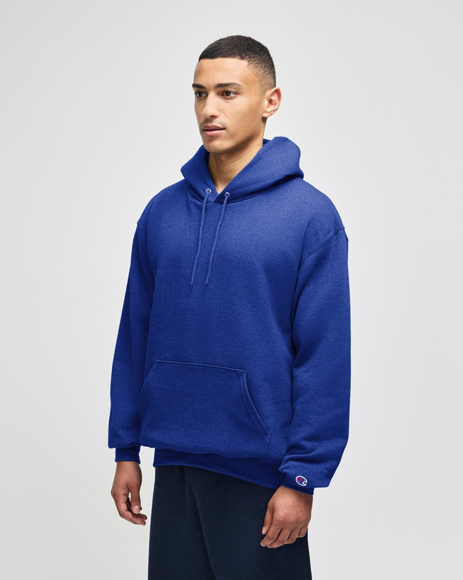 A blue pullover hooded sweatshirt with a front pocket and a logo on the sleeve.