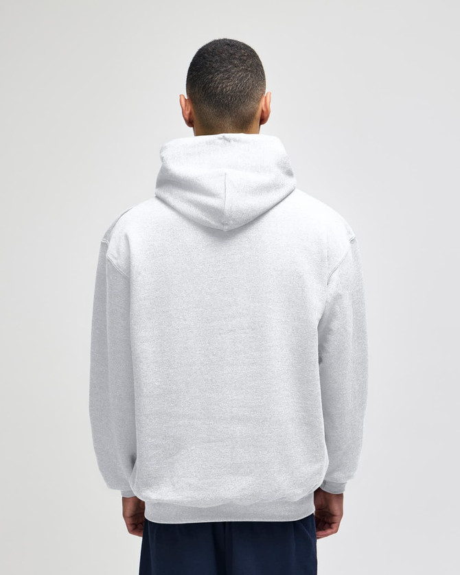 A grey pullover hooded sweatshirt viewed from the back, featuring a hood and a relaxed fit.