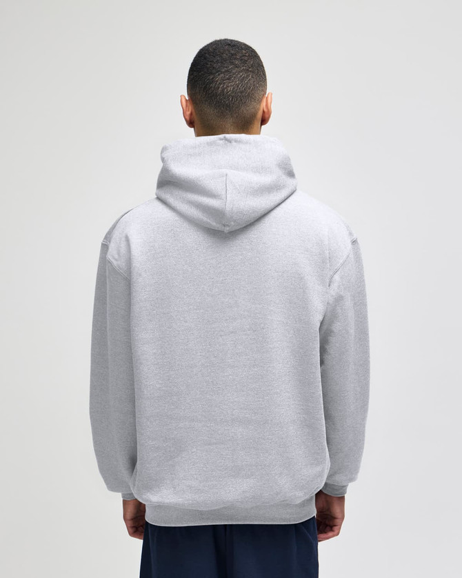 A grey pullover hooded sweatshirt with a relaxed fit, featuring a large hood and long sleeves, viewed from the back.