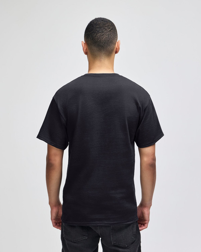 A black adult short-sleeve t-shirt with a plain back view, featuring a logo.