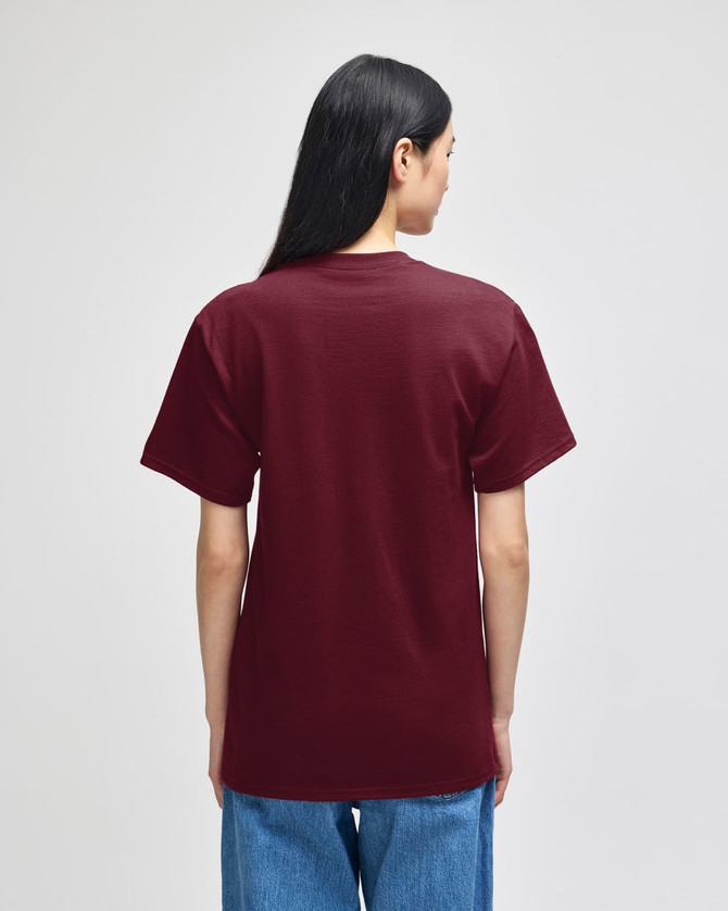 A short-sleeve t-shirt in maroon, viewed from the back, featuring a plain design and a logo.