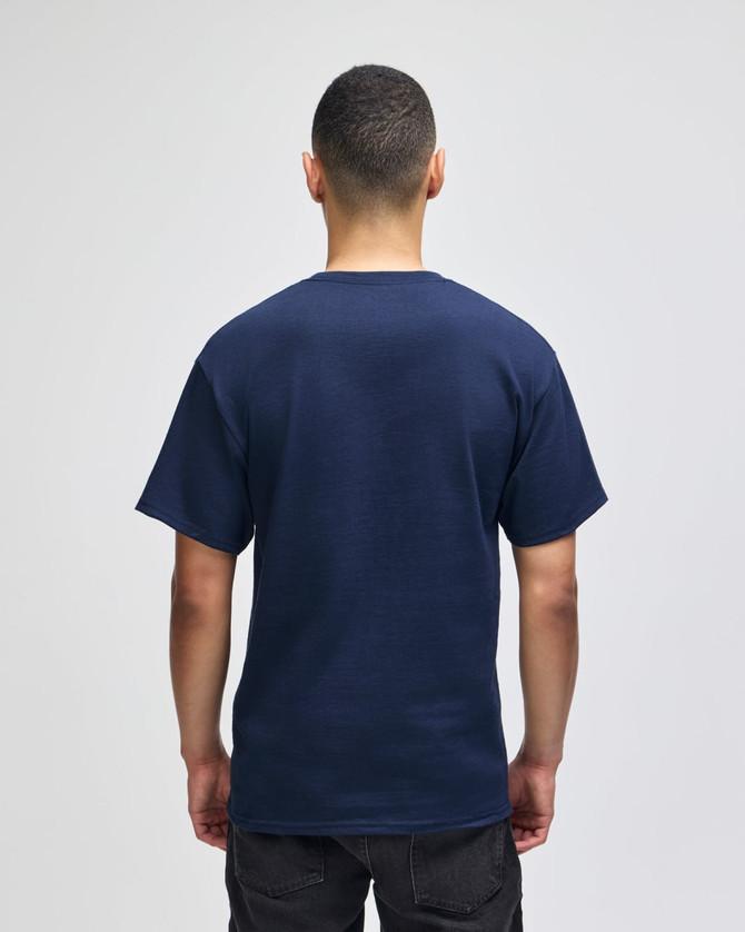 A navy short-sleeve t-shirt viewed from the back, featuring a simple design and a logo.