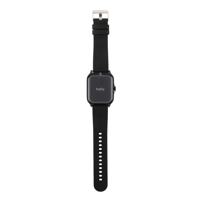 A black smart watch with a square face and adjustable strap, featuring a simple grey display.