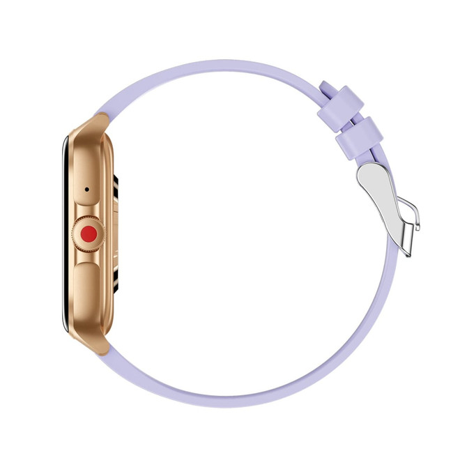 A gold smartwatch with a lavender strap, featuring a circular case and a red button. There is a logo on the watch.