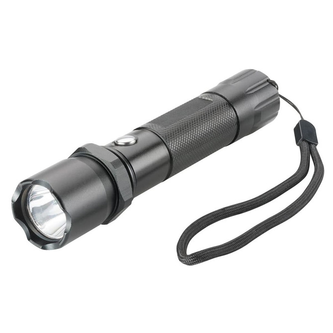 A black flashlight with a textured grip, featuring a wrist strap and bright front light.