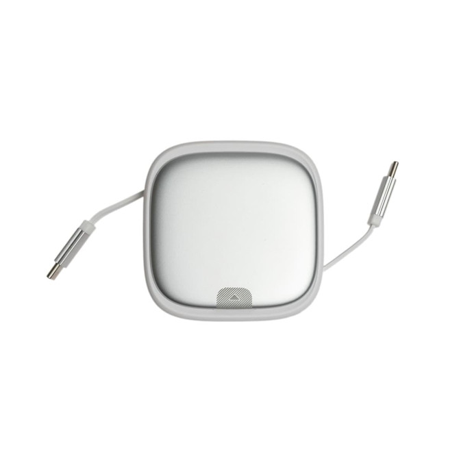 A retractable cable set in silver with two connectors, housed in a compact, square case. The product features a logo.