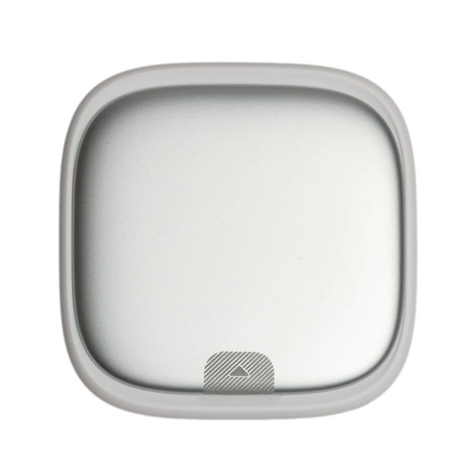 A retractable cable set in silver and grey, featuring a smooth, square design and a branding logo.