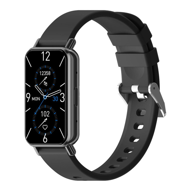 A slim black smartwatch features a rectangular display with blue accents, showing time and health metrics.