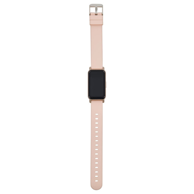 A pink Slim Smart Watch featuring a rectangular screen and a simple buckle strap, with a logo on the case.
