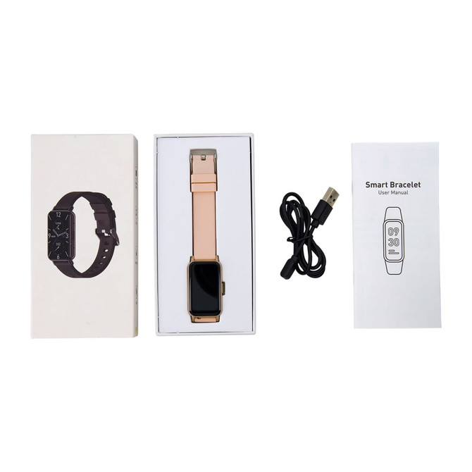 A slim smart watch in a box, featuring a light pink strap, a black screen, a charging cable, and a user manual.