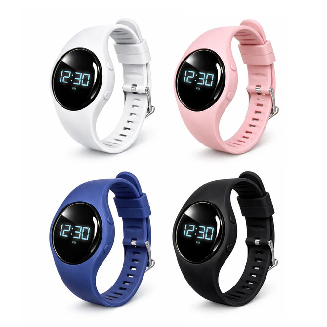 A set of four digital pedometers in white, pink, blue, and black featuring a round display and adjustable straps.