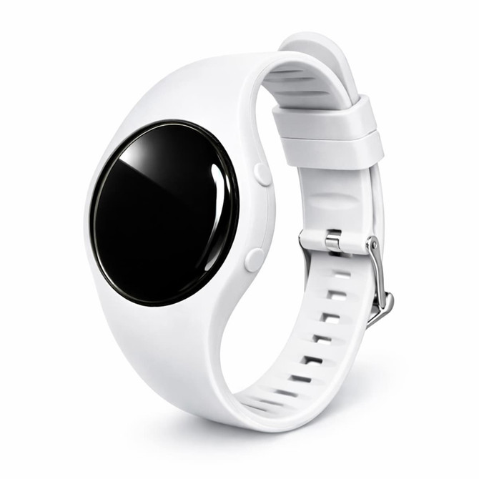 A round white pedometer with a glossy black face and an adjustable strap features a logo on the side.
