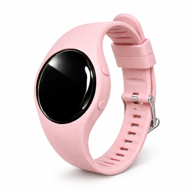 A pink pedometer with a black circular display and adjustable strap, featuring a logo on the wristband.