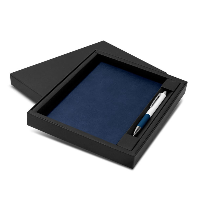 A black gift box containing a navy notebook and a silver and blue pen, featuring a logo.