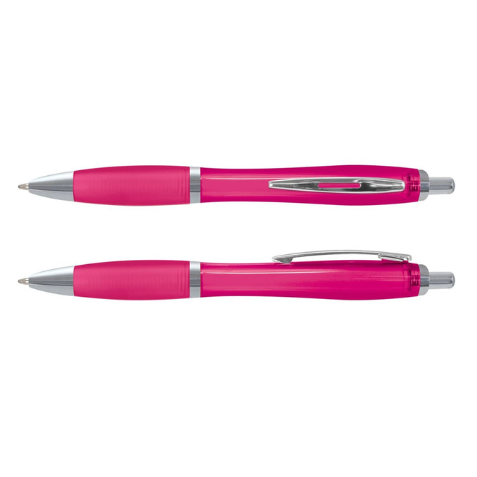 A translucent pink plastic pen with silver accents, featuring a smooth barrel and clip design.