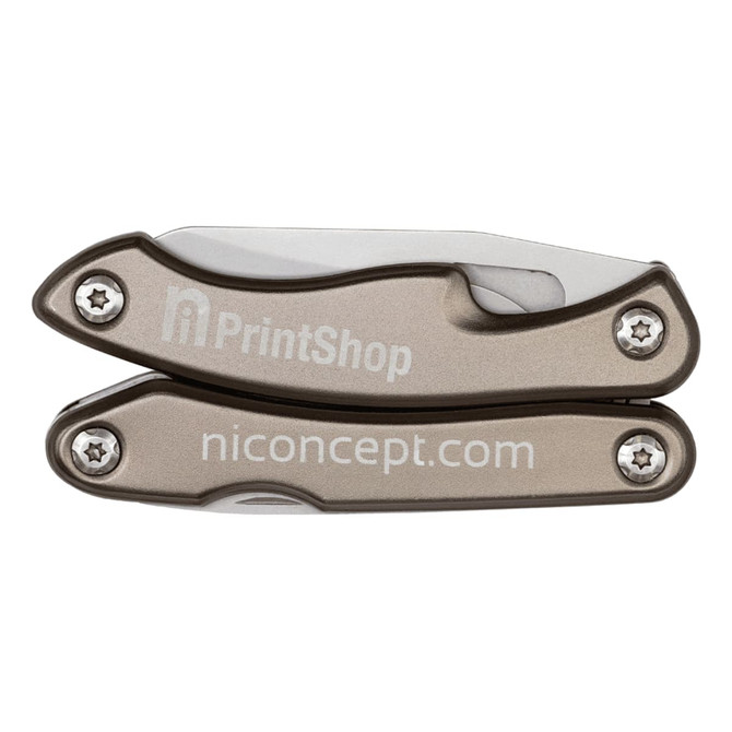 A multi-tool with a metallic bronze finish, featuring a compact design and a logo.