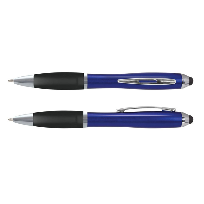 A blue stylus pen with a plastic body and black grip, featuring a chrome clip and end. Includes branding.