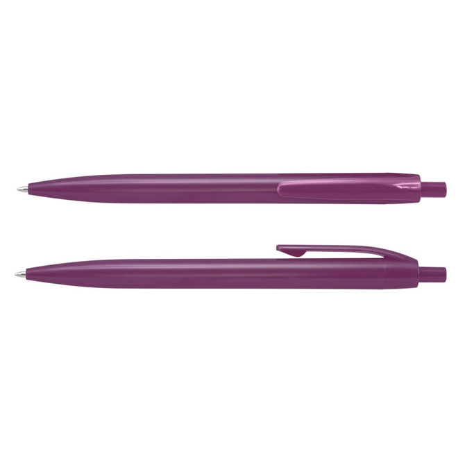 Two purple plastic pens are displayed, featuring a smooth design and a clip for secure attachment.