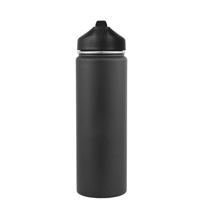 A drink bottle with a sleek black design, featuring a black lid and a smooth matte finish.