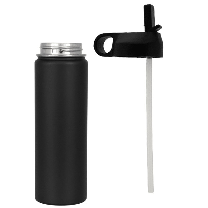 A drink bottle in matte black with a stainless steel body and a black cap featuring a straw attachment.