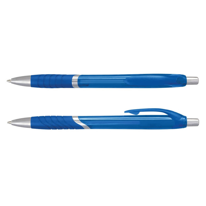 A translucent blue plastic pen with a silver accent and grip features, including a clip on the cap.