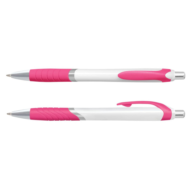 Two plastic pens featuring a white barrel with pink accents and grips, one with a click mechanism.
