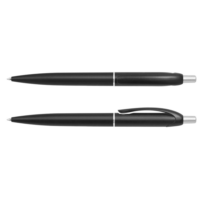 A set of black plastic pens, sleek design with a silver clip and accents, featuring a branding logo.