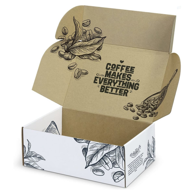 A die cut box with a locking lid, featuring a brown and white design with coffee illustrations.