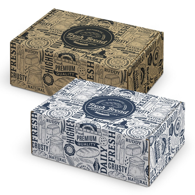 A die cut box with a locking lid, featuring brown and white designs, both displaying various bread-related graphics and logos.