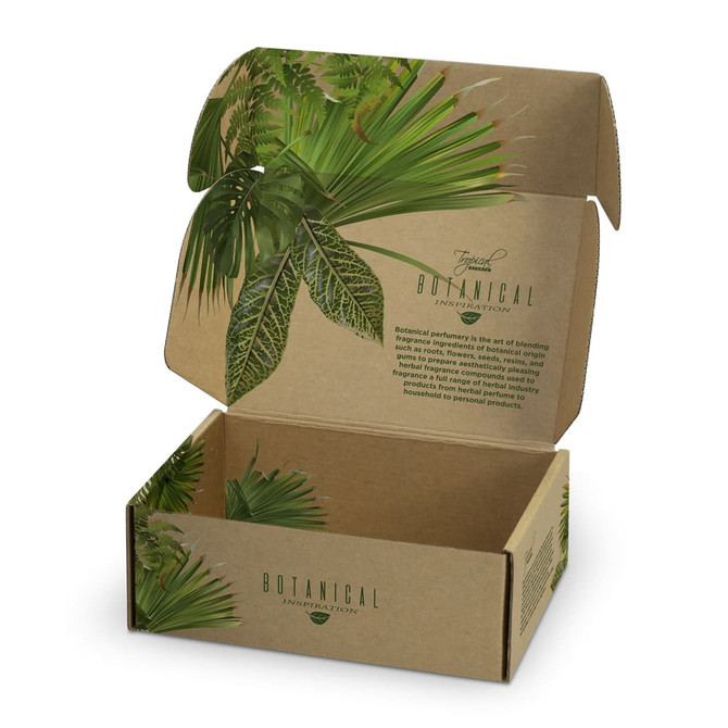 A brown kraft die cut box with a locking lid, featuring green botanical illustrations and an open top.