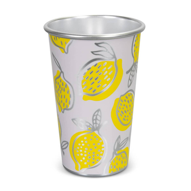 A drink cup featuring a lemon design in yellow and silver on a light purple background. It has a metallic interior and a logo.