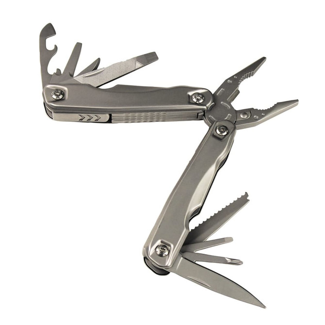 A silver multitool featuring pliers, knife blades, and various other tools, with a sleek design and a logo.