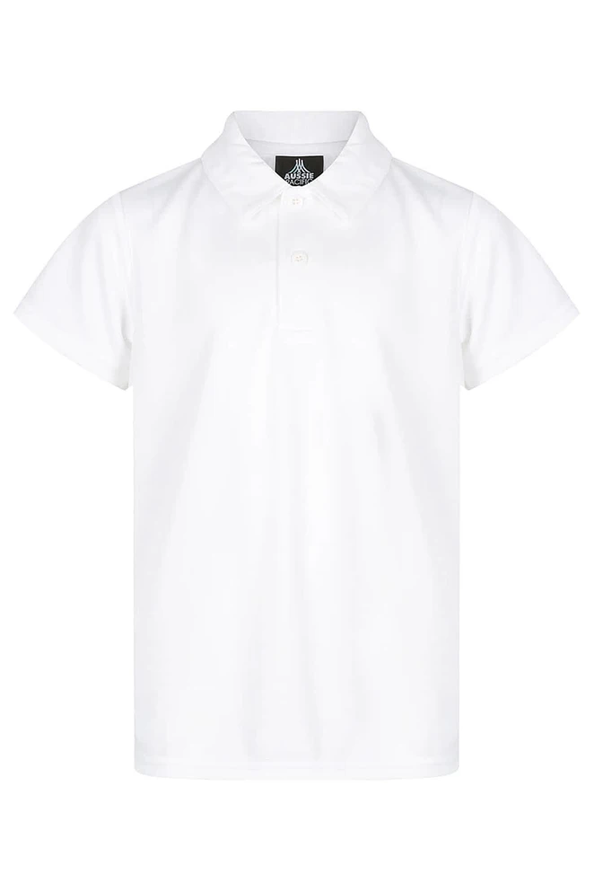 A white polo shirt with a collar, featuring a logo on the upper section. Suitable for sports uniforms.