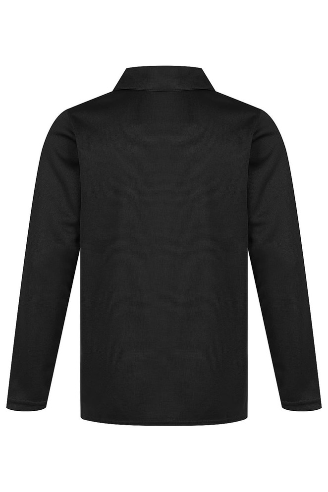 A black long-sleeved polo shirt with a collar, featuring a logo on the front.