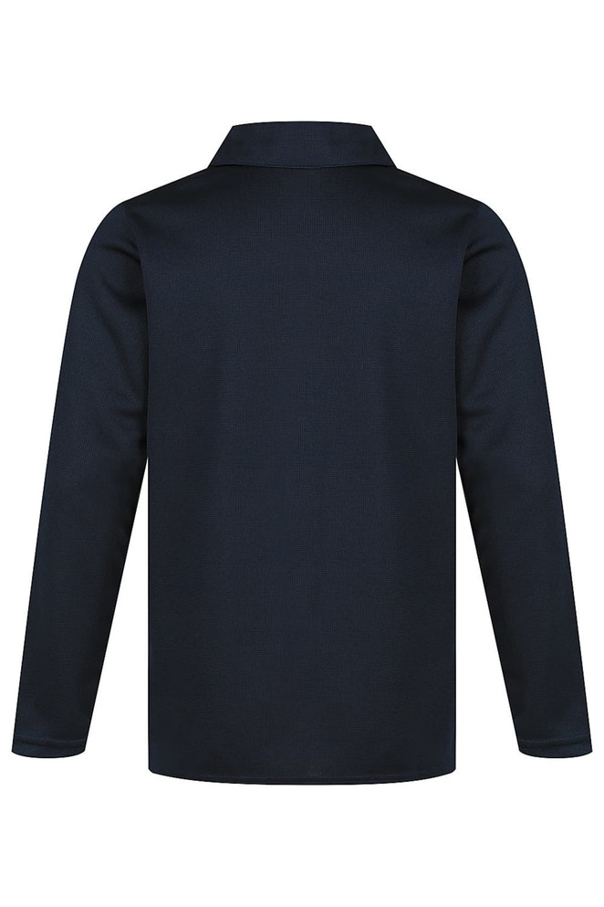 A navy blue polo shirt with a collared neckline and long sleeves, featuring a logo on the upper left chest.
