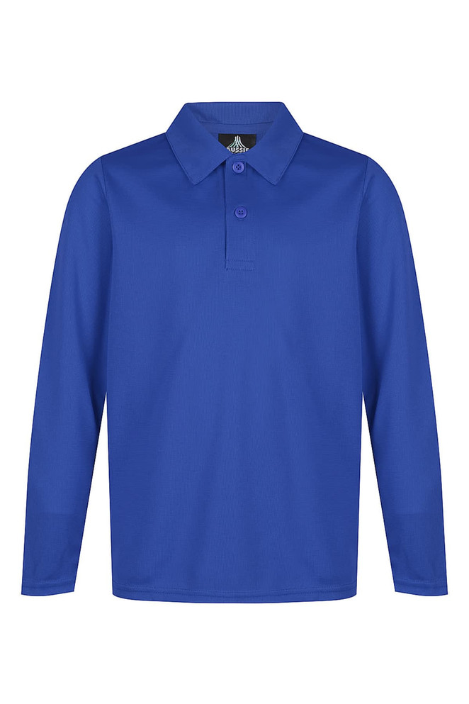 A long-sleeve polo shirt in bright blue with a collar and a button placket. It features a logo at the neck.