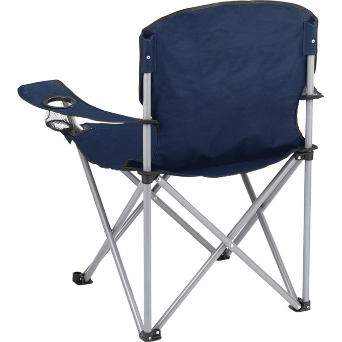 An oversized folding chair in navy blue with a cup holder, featuring a silver frame and a fabric back.